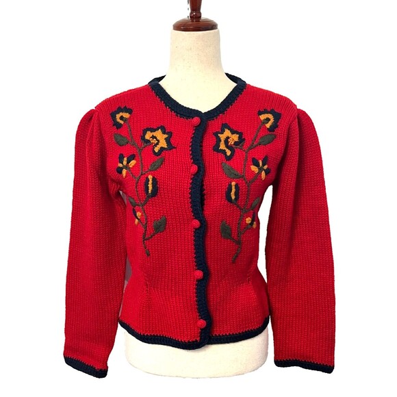 Vtg THE VILLAGER 100% Worsted Wool Sweater Women's S Petite Red Hand Embroidered - Picture 1 of 9